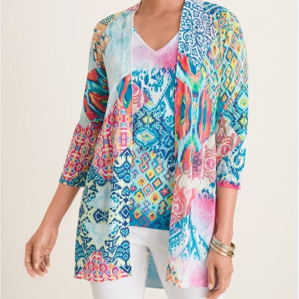 CHICO’S IKAT-PRINT HIGH-LOW HEM CARDIGAN SIZE O